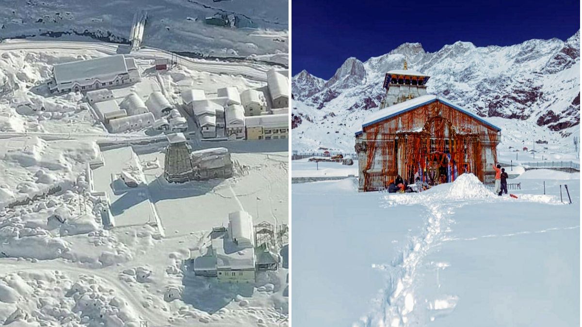 kedarnath dham turned white due to snowfall temperature reached minus seven degrees । बर्फ की चादर में लिपटा केदारनाथ धाम, माइनस 7 डिग्री तापमान, बर्फ पिघलाकर पानी पी रहे लोग